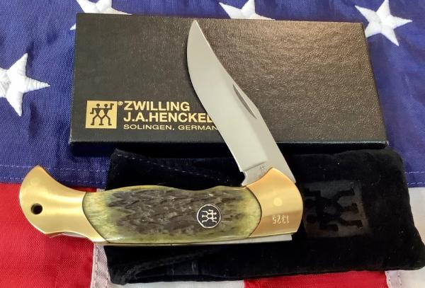 J A Henckels Folding Hunter Pocket Knife w/ Green Pick Bone Handles -NOS +Orig Box