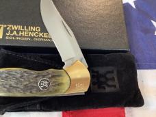 J A Henckels Folding Hunter Pocket Knife w/ Green Pick Bone Handles -NOS +Orig Box