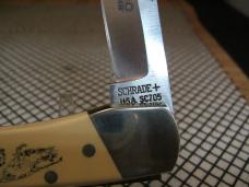 SCHRADE U.S.A. VINTAGE 705 SCRIMSHAW BEAR EXCELLENT LOCK BACK FOLDING POCKET KNIFE & SCHRADE SHEATH
