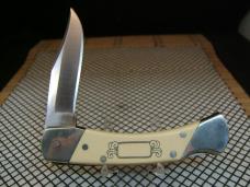 SCHRADE U.S.A. VINTAGE 705 SCRIMSHAW BEAR EXCELLENT LOCK BACK FOLDING POCKET KNIFE & SCHRADE SHEATH