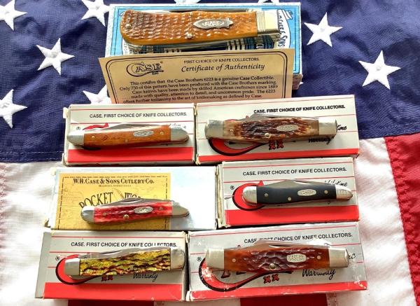 1990s Case Classic, 2 Case xx Stockman Brown Bone, 2 Peanuts, GunStock Glitter 1990s Case Classic, 2 Case xx Stockman Brown Bone, 2 Peanuts, GunStock Glitter