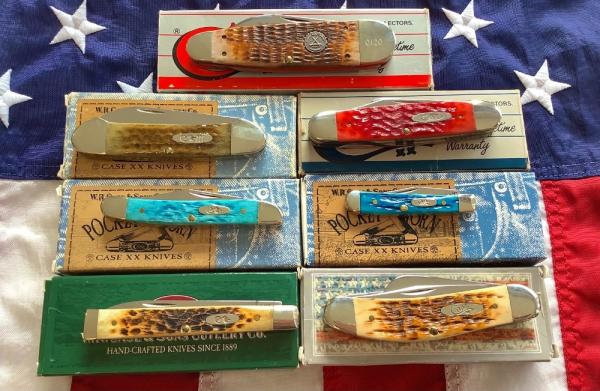 Case xx Sleeveboard, Sowbell, Cattle, Canoe, Tiny Trapper, Stockman, Doctor knife