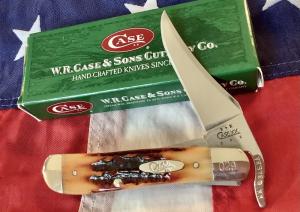2004 Case xx Russlock Knife w Super Vintage Amber Carved Bone Handles mdl V61953L -NOS Orig box