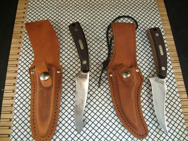 SCHRADE OLD TIMER USA 152 SHARPFINGER & 158OT GUTHOOK SKINNER CARBON STEEL FIXED BLADE KNIFE/ SHEATH