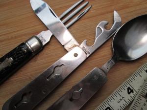 VTG COLONIAL PROV USA PIC NIC SET Hobo Knife w Fork Can Opener Cap Lifter