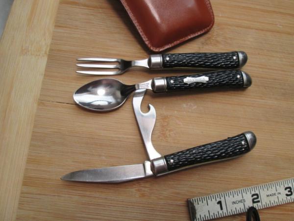 VTG COLONIAL PROV USA Hobo Knife w/ Fork Can Opener Cap Lifter Suede Pouch VTG COLONIAL PROV USA Hobo Knife w/ Fork Can Opener Cap Lifter Suede Pouch
