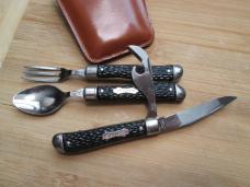 VTG COLONIAL PROV USA Hobo Knife w/ Fork Can Opener Cap Lifter Suede Pouch