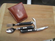 VTG COLONIAL PROV USA Hobo Knife w/ Fork Can Opener Cap Lifter Suede Pouch
