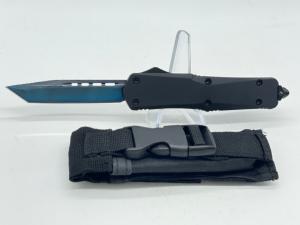 Heat Treated Blued Blade w White Lines OTF Automatic Knife w Sheath
