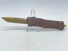 Gold Damascus Wood OTF (Out the Front) Automatic Knife w/ Sheath