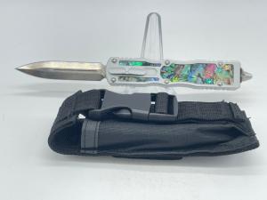 Damascus Genuine Abalone OTF Out the Front Automatic Knife w Sheath 