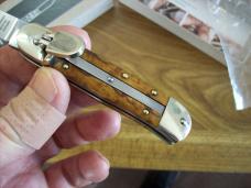 Hubertus Knife Solingen Automatic Just Arrived Yellow Curly Birch 08 Lilyput Clip-Point UNUSED!