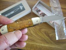 Hubertus Knife Solingen Automatic Just Arrived Yellow Curly Birch 08 Lilyput Clip-Point UNUSED!