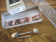 Hubertus Knife Solingen Automatic Just Arrived Yellow Curly Birch 08 Lilyput Clip-Point UNUSED!