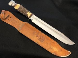 Vintage Edge Brand Solingen Germany Massive 15-1/4”Stag Bowie Knife w/Leather Sheath 1950’s EXCLNT.