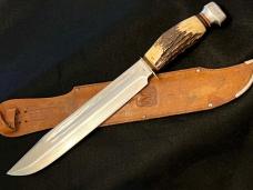 Vintage Edge Brand Solingen Germany Massive 15-1/4”Stag Bowie Knife w/Leather Sheath 1950’s EXCLNT.
