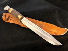 Vintage Edge Brand Solingen Germany Massive 15-1/4”Stag Bowie Knife w/Leather Sheath 1950’s EXCLNT.