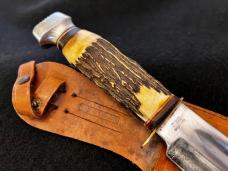Vintage Edge Brand Solingen Germany Massive 15-1/4”Stag Bowie Knife w/Leather Sheath 1950’s EXCLNT.