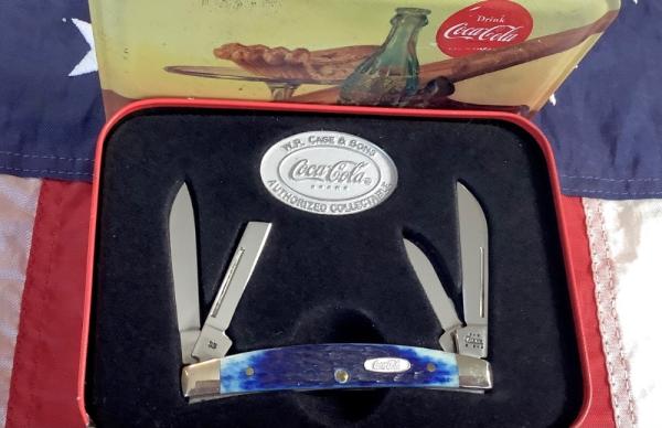 Case xx Coca Cola Congress (6468) w/ Nice Blue Bone Handles -NOS in Orig tin Case xx Coca Cola Congress (6468) w/ Nice Blue Bone Handles -NOS in Orig tin