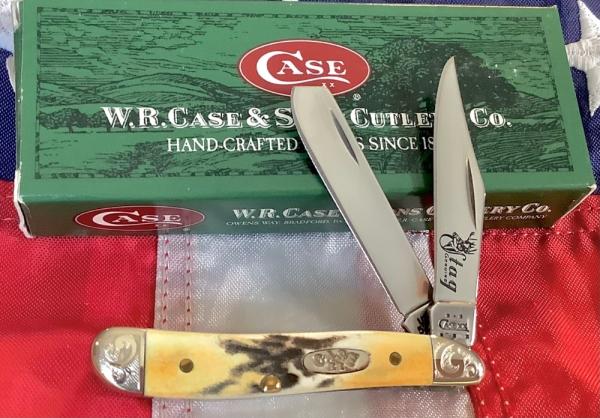 Case xx 2004 Trapper Nut TrapperNut Peanut Knife w Great Stag Handles, scrolled bolsters, +Stag Etch