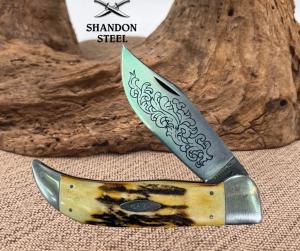 Case XX USA 5172 SSP Stag Handle Blue Scroll Bulldog Folding Pocket Knife