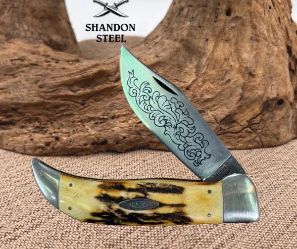 Case XX USA 5172 SSP Stag Handle Blue Scroll Bulldog Folding Pocket Knife
