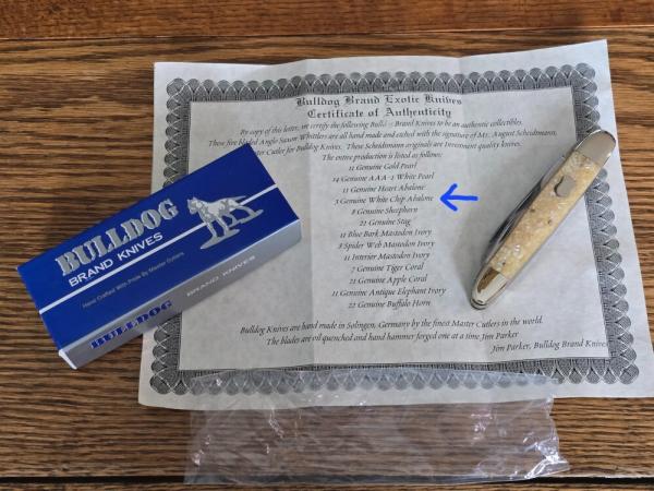 Bulldog White Chip Abalone 5 Blade Anglo Saxon Whittler Only 3 Produced Box & COA