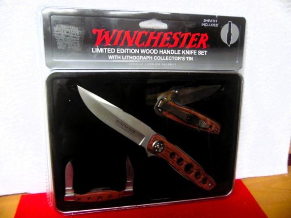 NEVER OPENED 2009 IN PACK LIMITED EDITION WINCHESTER 3 KNIFE SET IN TIN WOOD HANDLES