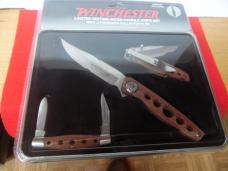 NEVER OPENED 2009 IN PACK LIMITED EDITION WINCHESTER 3 KNIFE SET IN TIN WOOD HANDLES
