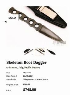 VINTAGE JODY SAMSON SCELETON BOOT DAGGER EXELLENT W. SHEAT 