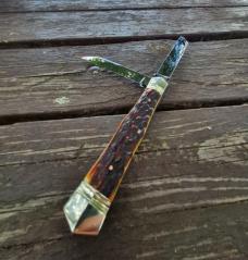 5 1/2" Handmade Swell Center Trapper Knife, Premium Stag Handles, Beautiful Filework