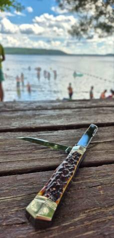 5 1/2" Handmade Swell Center Trapper Knife, Premium Stag Handles, Beautiful Filework