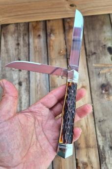 5 1/2" Handmade Swell Center Trapper Knife, Premium Stag Handles, Beautiful Filework