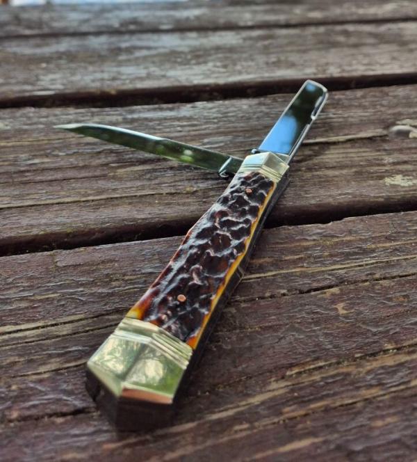 5 1/2" Handmade Swell Center Trapper Knife, Premium Stag Handles, Beautiful Filework 5 1/2" Handmade Swell Center Trapper Knife, Premium Stag Handles, Beautiful Filework