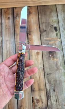 5 1/2" Handmade Swell Center Trapper Knife, Premium Stag Handles, Beautiful Filework