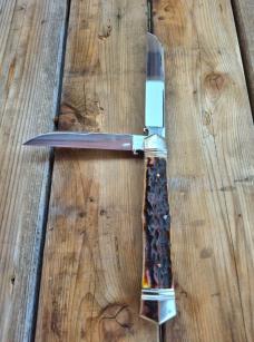 5 1/2" Handmade Swell Center Trapper Knife, Premium Stag Handles, Beautiful Filework