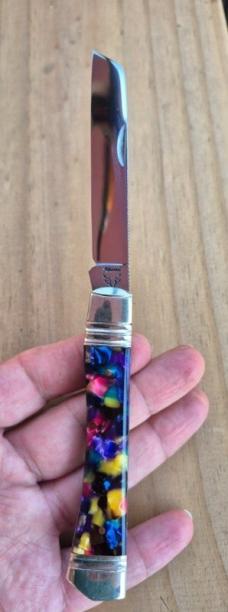 3 7/8" Custom Made Knife, Colorful Celluloid Handles, File Work