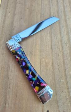 3 7/8" Custom Made Knife, Colorful Celluloid Handles, File Work