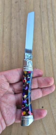 3 7/8" Custom Made Knife, Colorful Celluloid Handles, File Work