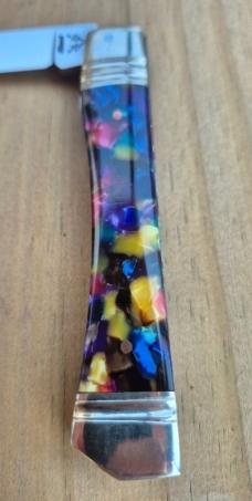 3 7/8" Custom Made Knife, Colorful Celluloid Handles, File Work