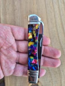 3 7/8" Custom Made Knife, Colorful Celluloid Handles, File Work