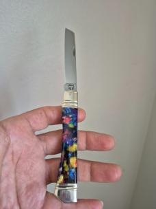 3 7/8" Custom Made Knife, Colorful Celluloid Handles, File Work