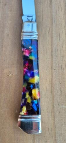 3 7/8" Custom Made Knife, Colorful Celluloid Handles, File Work