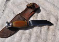 KA-BAR 1930s 8" OAL Little Use Celluloid 2 Piece HandlesOriginal Sheath Thumb Ramp Owner Found!