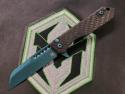 Heretic Jinn Button Lock Flipper Metallic Teal MagnaCut Carbon Fiber Handles