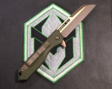 Heretic Jinn Button Lock Flipper OD Green 3" Bronze MagnaCut Wharncliffe