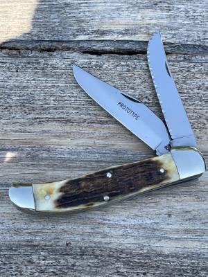 QUEEN CUTLERY  PROTOTYPE STAG LARGE FOLDING HUNTER - PARTIAL SERRATED