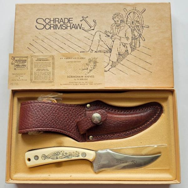 Vintage Schrade USA 155SC "The Mayflower" Scrimshaw Fixed Blade Knife - Mint In Box Bundle