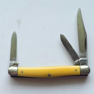 Vintage 1960s Ka-Bar 3 Blade Premium Stockman Knife - Yellow Composition Handles - USA Made