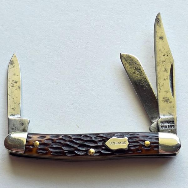 Vintage Schrade USA 808 Senior Stockman Pocket Knife - Classic Brown Jigged Delrin Vintage Schrade USA 808 Senior Stockman Pocket Knife - Classic Brown Jigged Delrin